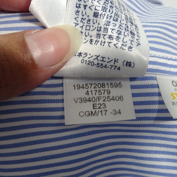 Lands End No Iron Supima Pinpoint Shirt Men Blue Stripe Traditional Size 17 34 - Picture 9 of 12